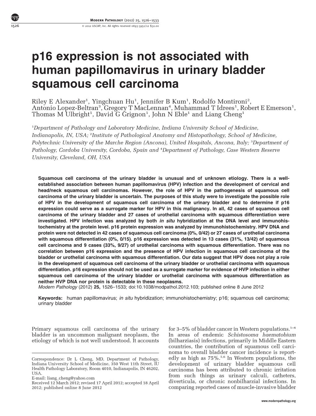 P16 Expression Is Not Associated with Human Papillomavirus in Urinary Bladder Squamous Cell Carcinoma