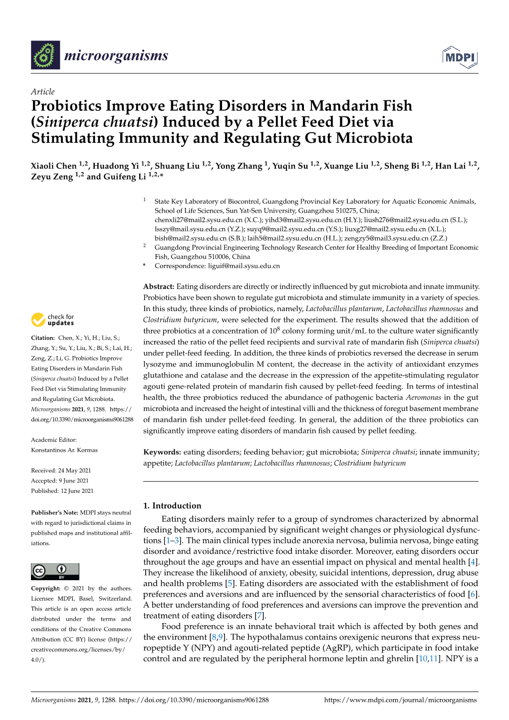 Probiotics Improve Eating Disorders in Mandarin Fish (Siniperca Chuatsi) Induced by a Pellet Feed Diet Via Stimulating Immunity and Regulating Gut Microbiota
