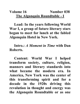 Volume 16 Number 038 the Algonquin Roundtable - I
