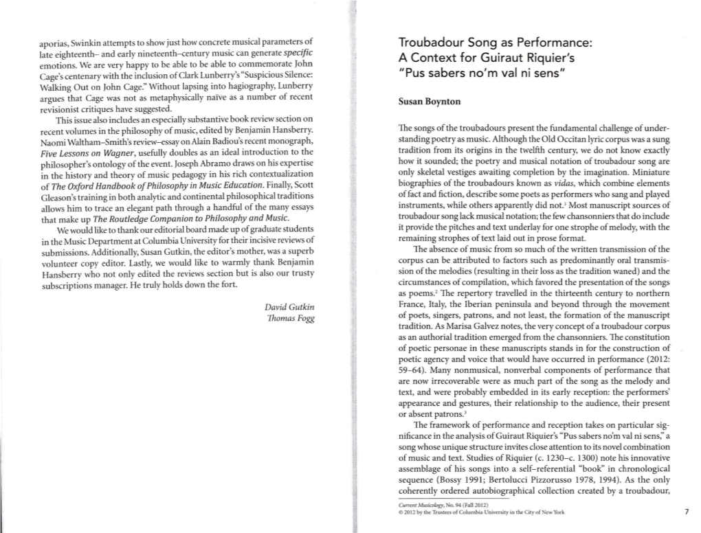 Troubadour Song As Performance: a Context for Guiraut Riquier's "Pus