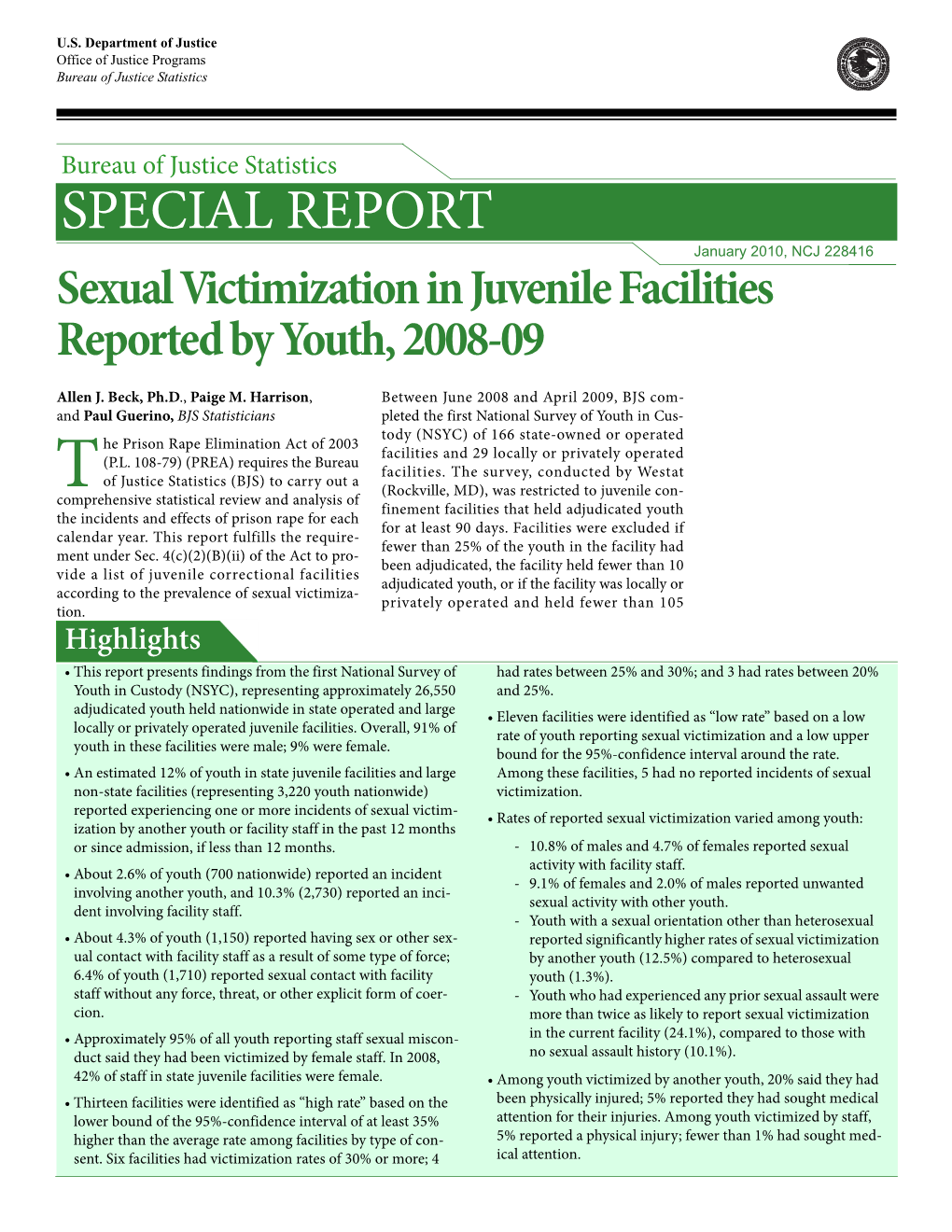 Sexual Victimization in Juvenile Facilities Reported by Youth, 2008-09