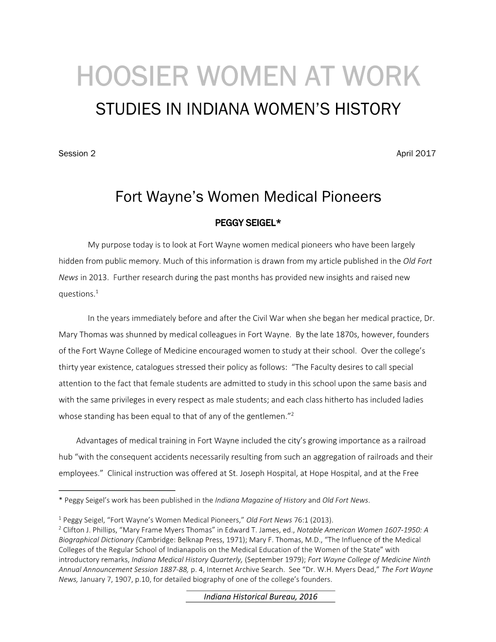 Hoosier Women at Work Studies in Indiana Women’S History