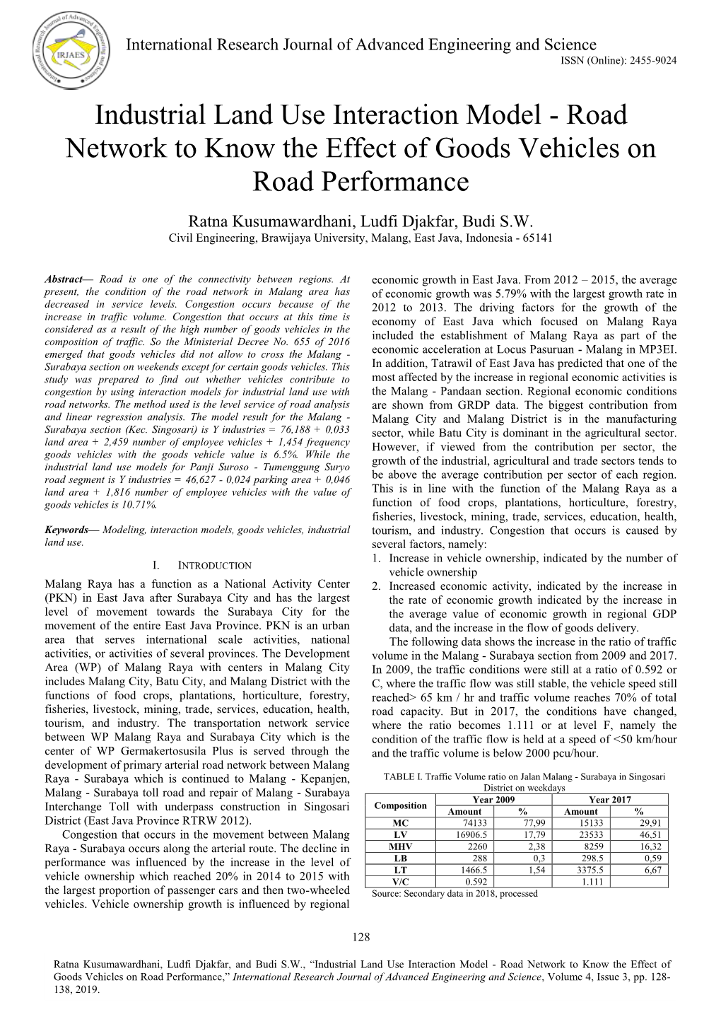 Industrial Land Use Interaction Model - Road Network to Know the Effect of Goods Vehicles on Road Performance