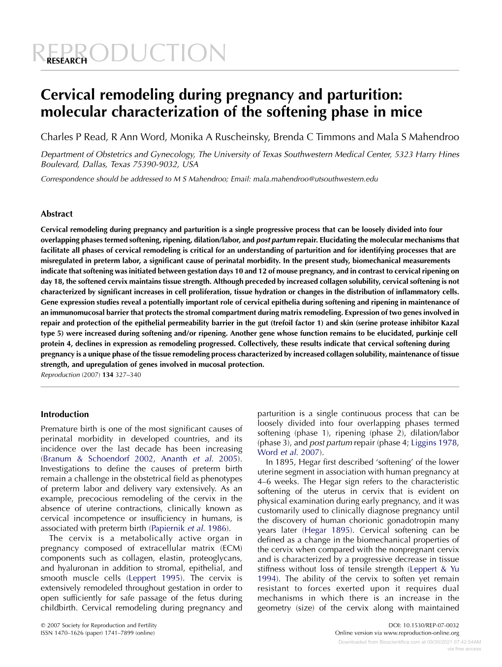 Cervical Remodeling During Pregnancy and Parturition: Molecular Characterization of the Softening Phase in Mice