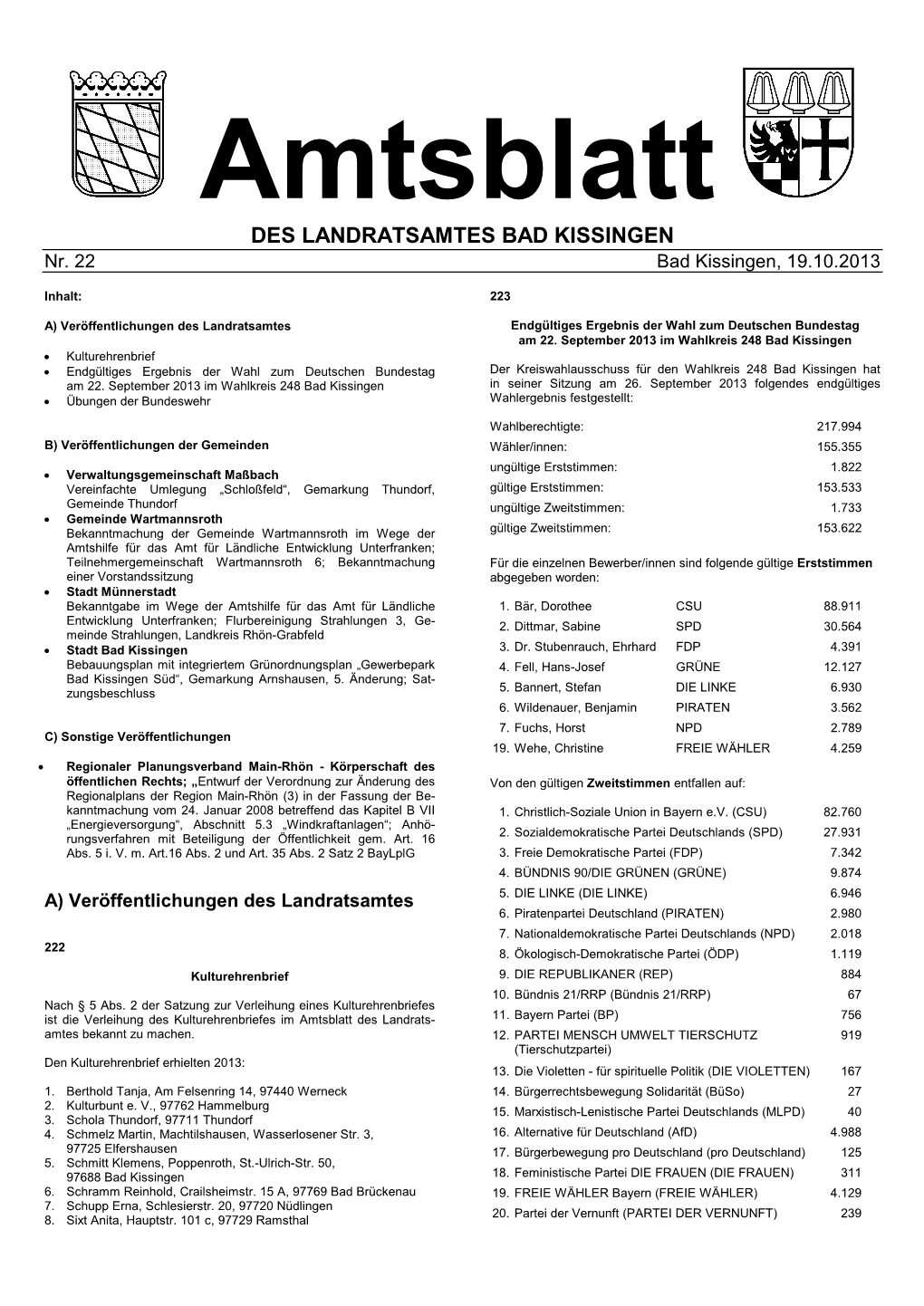 Amtsblatt DES LANDRATSAMTES BAD KISSINGEN Nr