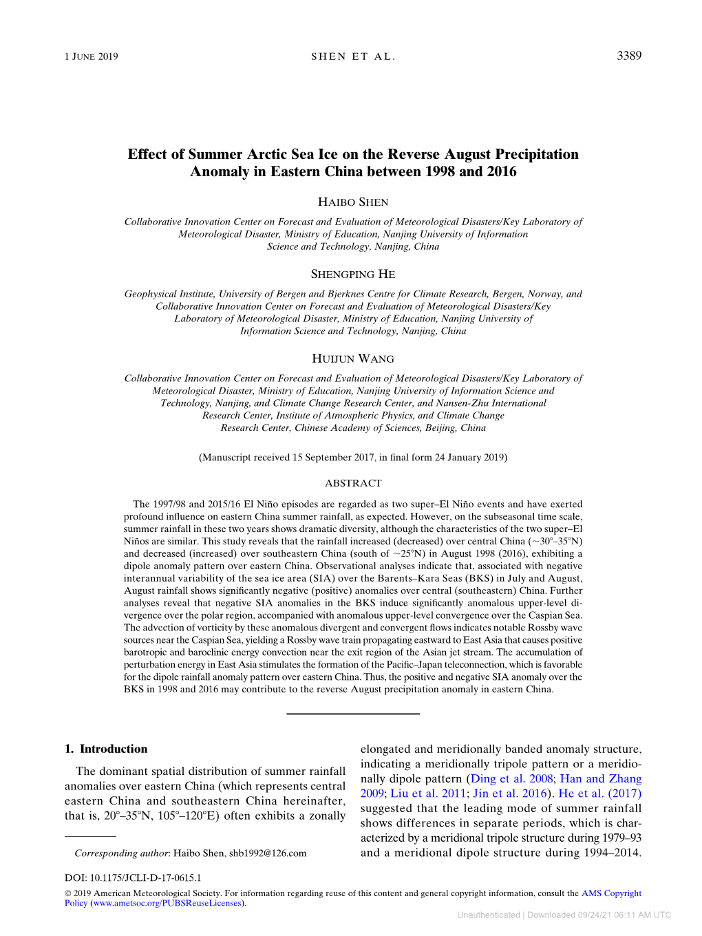 Effect of Summer Arctic Sea Ice on the Reverse August Precipitation Anomaly in Eastern China Between 1998 and 2016