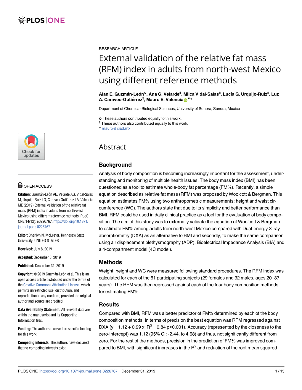 External Validation of the Relative Fat Mass (RFM) Index in Adults from North-West Mexico Using Different Reference Methods