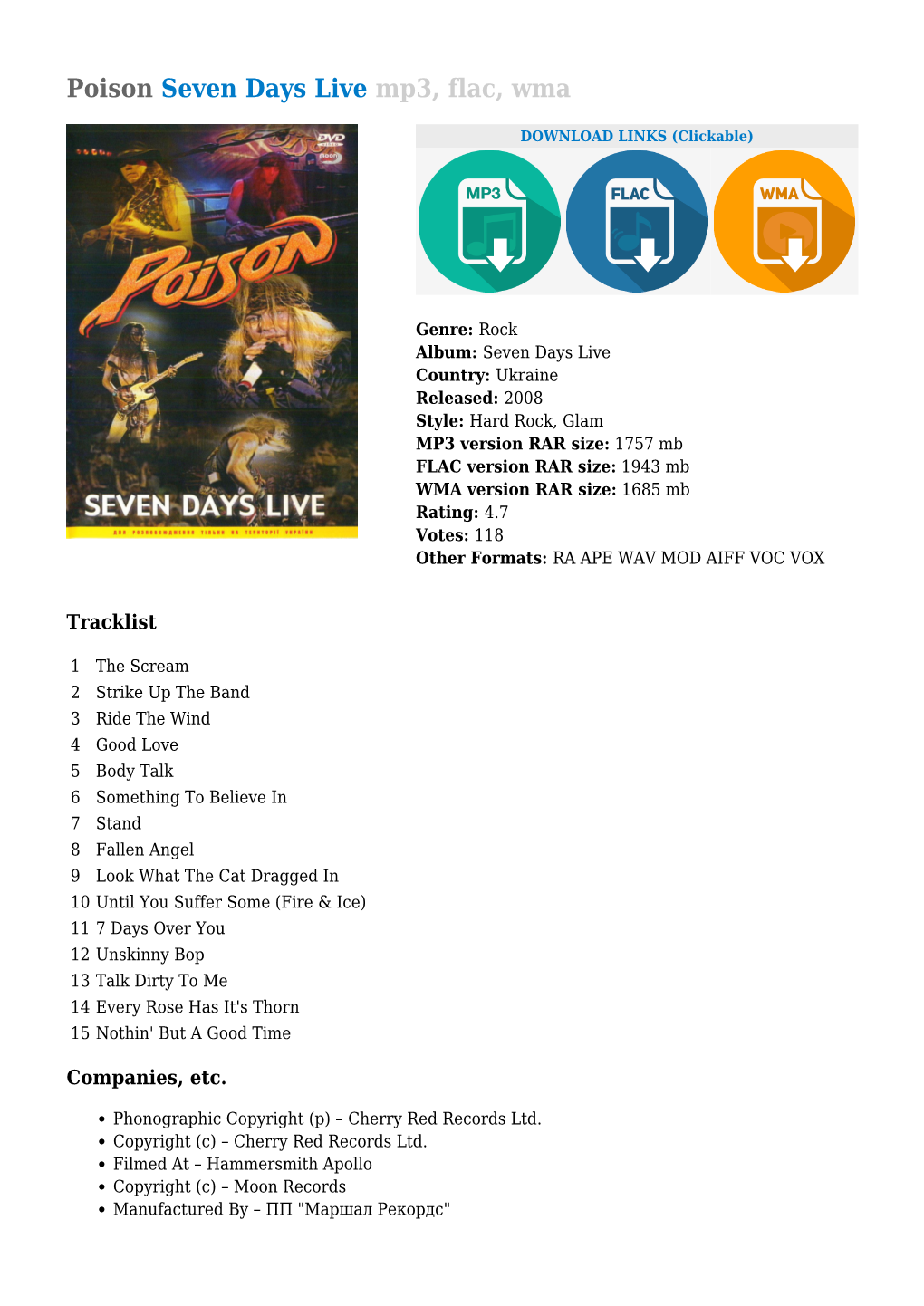 Poison Seven Days Live Mp3, Flac, Wma