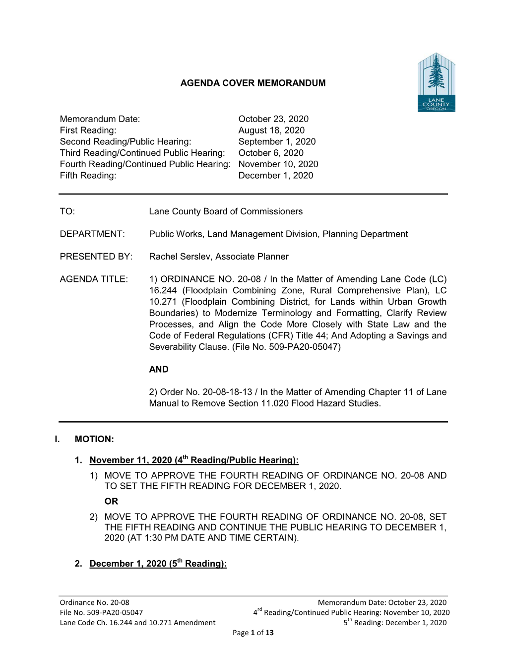 AGENDA COVER MEMORANDUM Memorandum Date: October 23, 2020 First Reading: August 18, 2020 Second Reading/Public Hearing: Septem