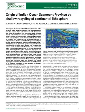 Origin of Indian Ocean Seamount Province by Shallow Recycling of Continental Lithosphere