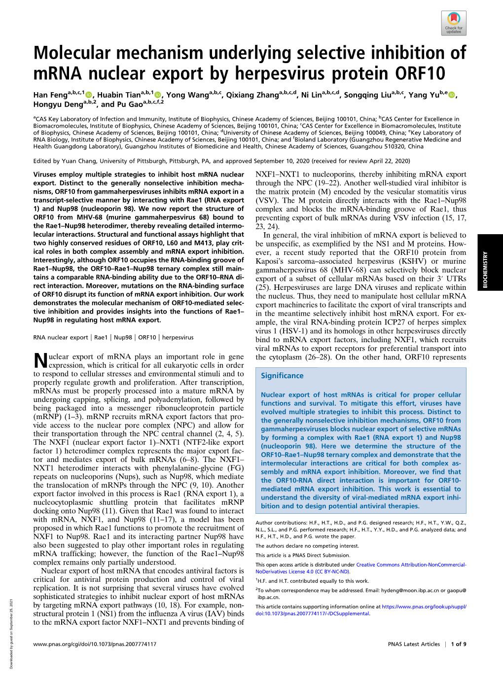 Molecular Mechanism Underlying Selective Inhibition of Mrna Nuclear Export by Herpesvirus Protein ORF10