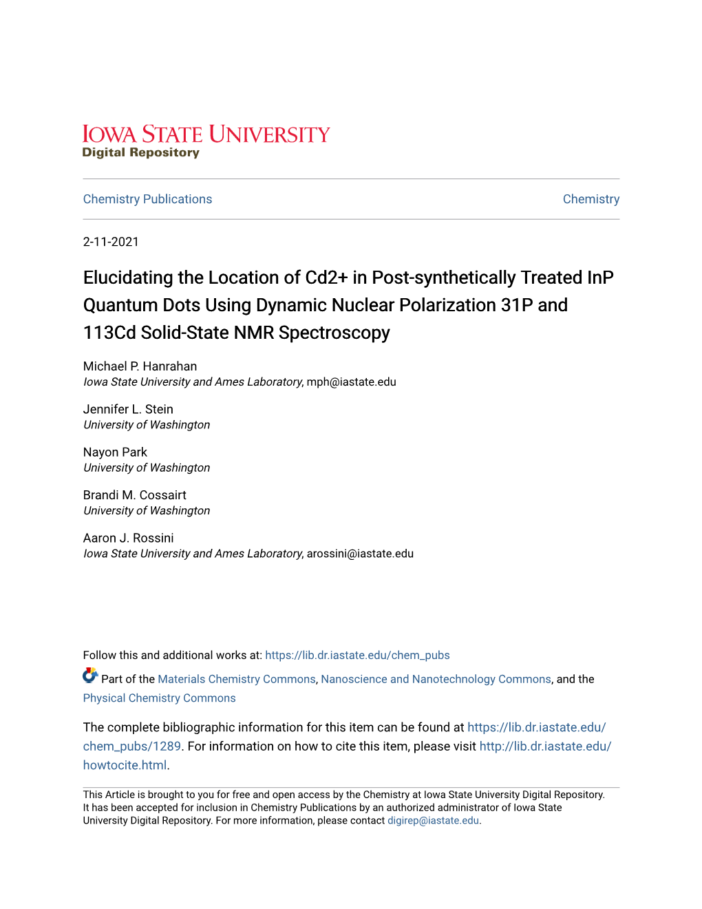 Elucidating the Location of Cd2+ in Post-Synthetically Treated Inp Quantum Dots Using Dynamic Nuclear Polarization 31P and 113Cd Solid-State NMR Spectroscopy