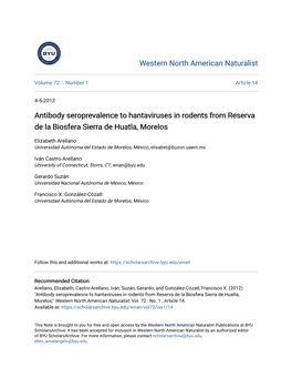 Antibody Seroprevalence to Hantaviruses in Rodents from Reserva De La Biosfera Sierra De Huatla, Morelos