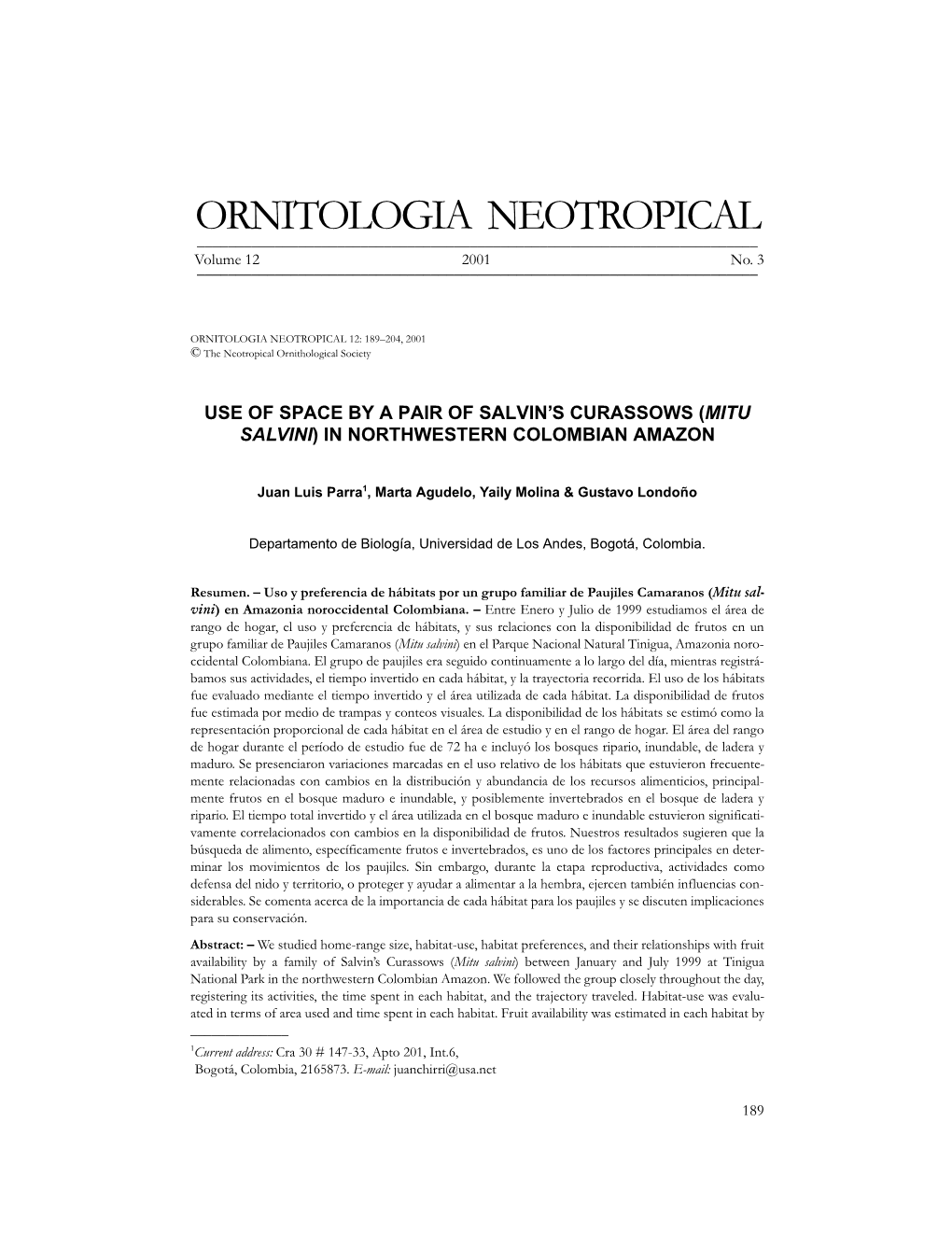 ORNITOLOGIA NEOTROPICAL ______Volume 12 2001 No