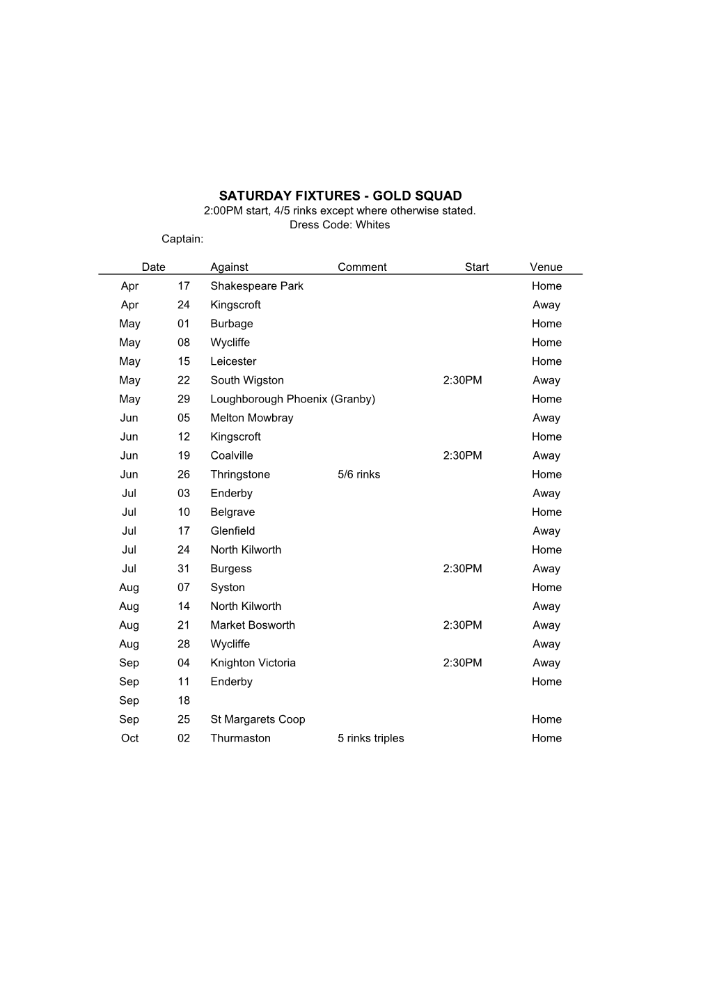 Fixture List 2021