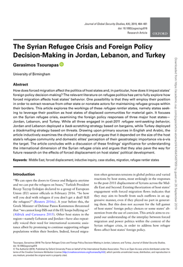 The Syrian Refugee Crisis and Foreign Policy Decision-Making in Jordan, Lebanon, and Turkey