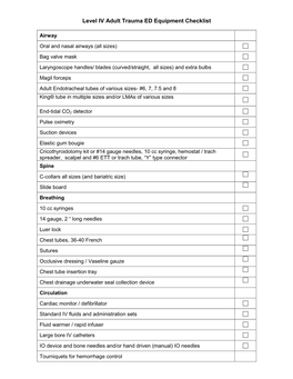 Level IV Adult Trauma ED Equipment Checklist