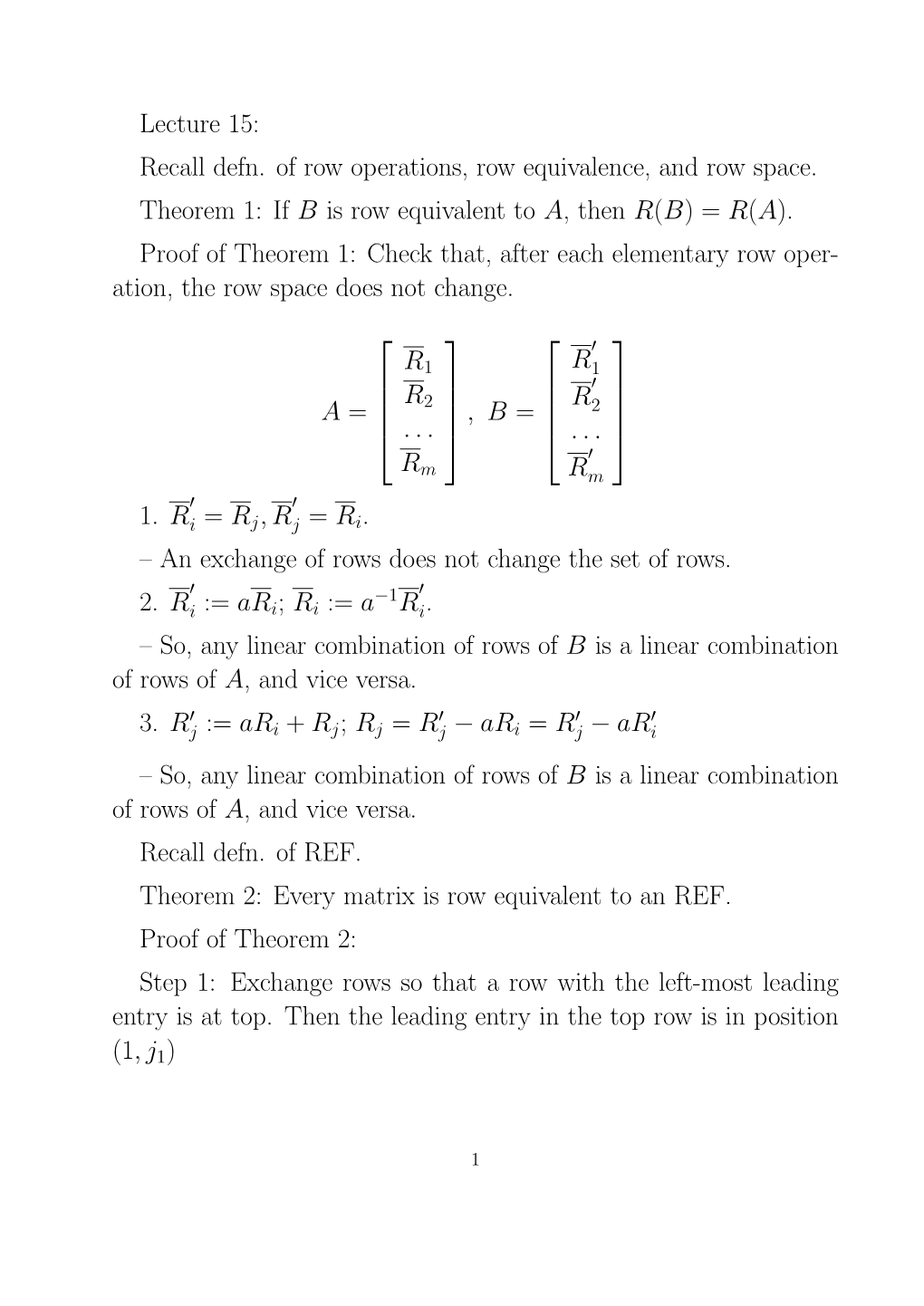 Lecture 15: Recall Defn. of Row Operations, Row Equivalence, and Row Space