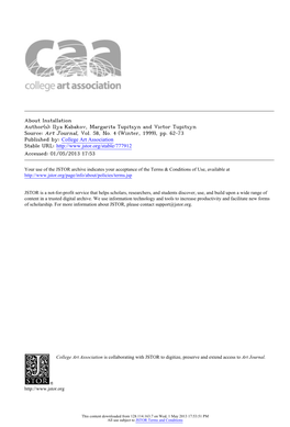 About Installation Author(S): Ilya Kabakov, Margarita Tupitsyn and Victor Tupitsyn Source: Art Journal, Vol