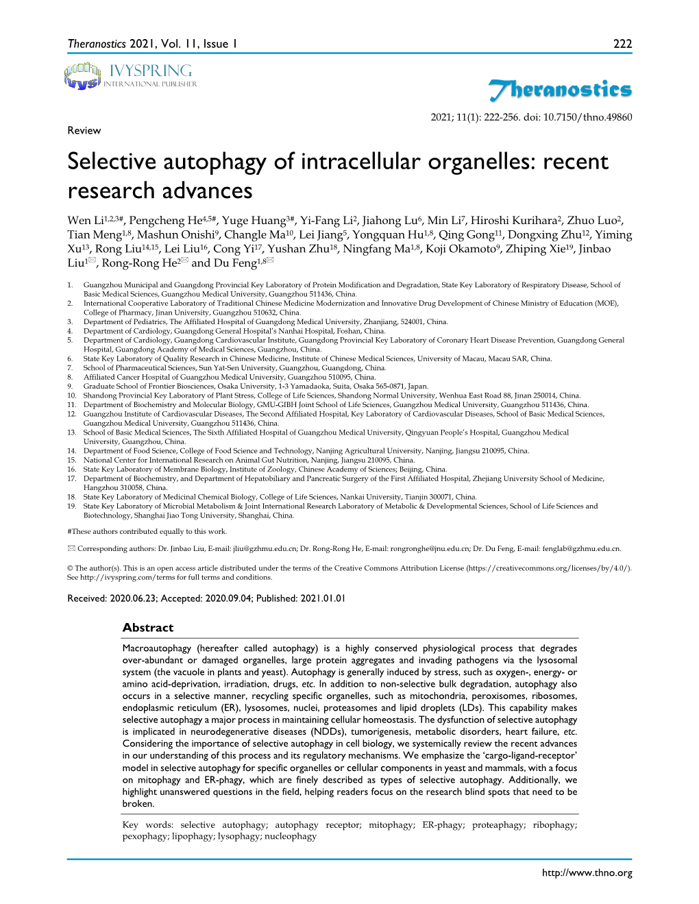 Theranostics Selective Autophagy of Intracellular Organelles: Recent