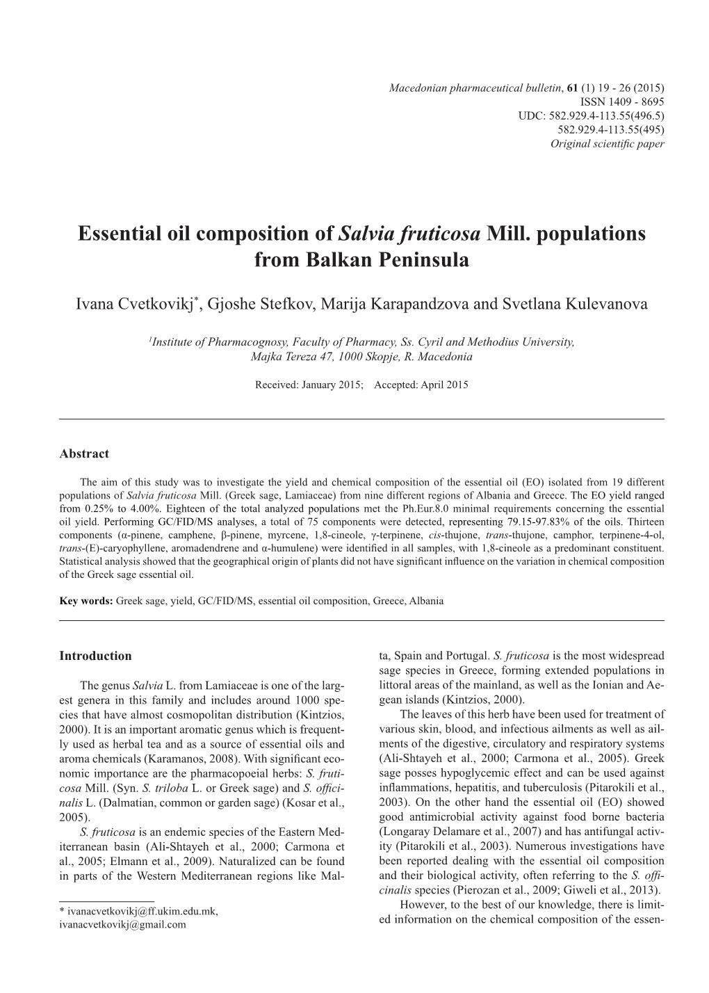 Essential Oil Composition of Salvia Fruticosa Mill. Populations from Balkan Peninsula