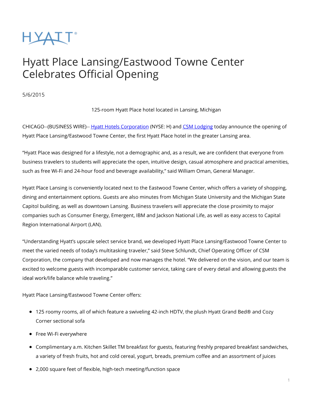 Hyatt Place Lansing/Eastwood Towne Center Celebrates Official Opening