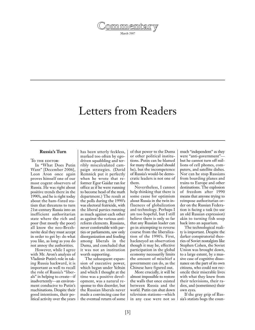 Letters from Readers