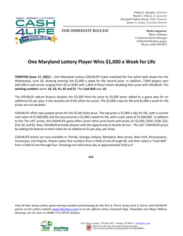 One Maryland Lottery Player Wins $1,000 a Week for Life