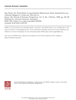 Data Watch: the World Bank's Living Standards Measurement Study Household Surveys Author(S): Margaret E