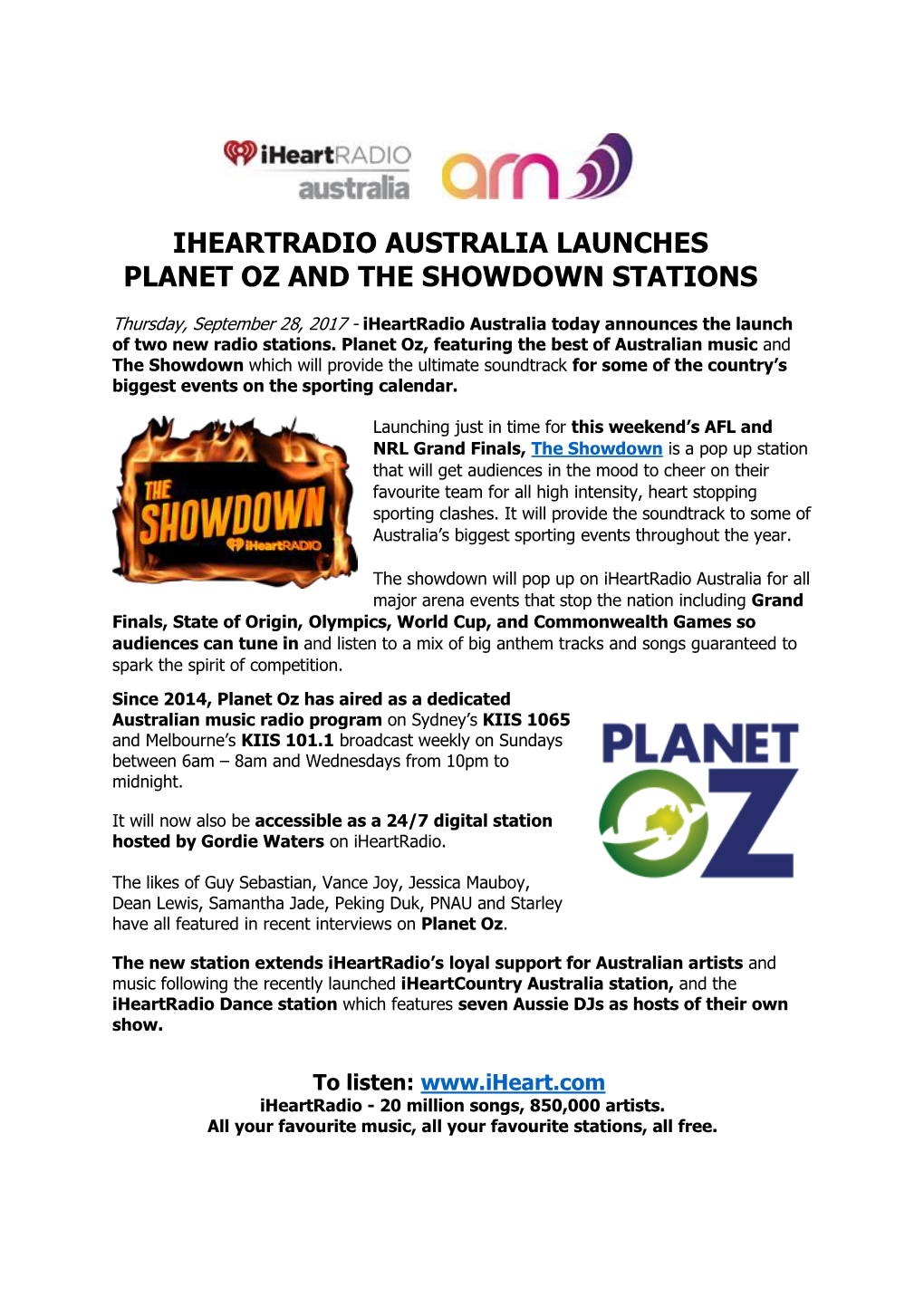 Iheartradio Australia Launches Planet Oz and the Showdown Stations
