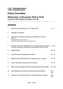 Policy Committee Wednesday, 14 November 2018 at 10:30 County Hall, West Bridgford, Nottingham, NG2 7QP