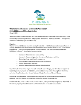 Onemana Residents and Community Association 2020/2021 Annual Plan Submission 13 April 2020
