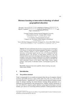Distance Learning As Innovation Technology of School Geographical Education