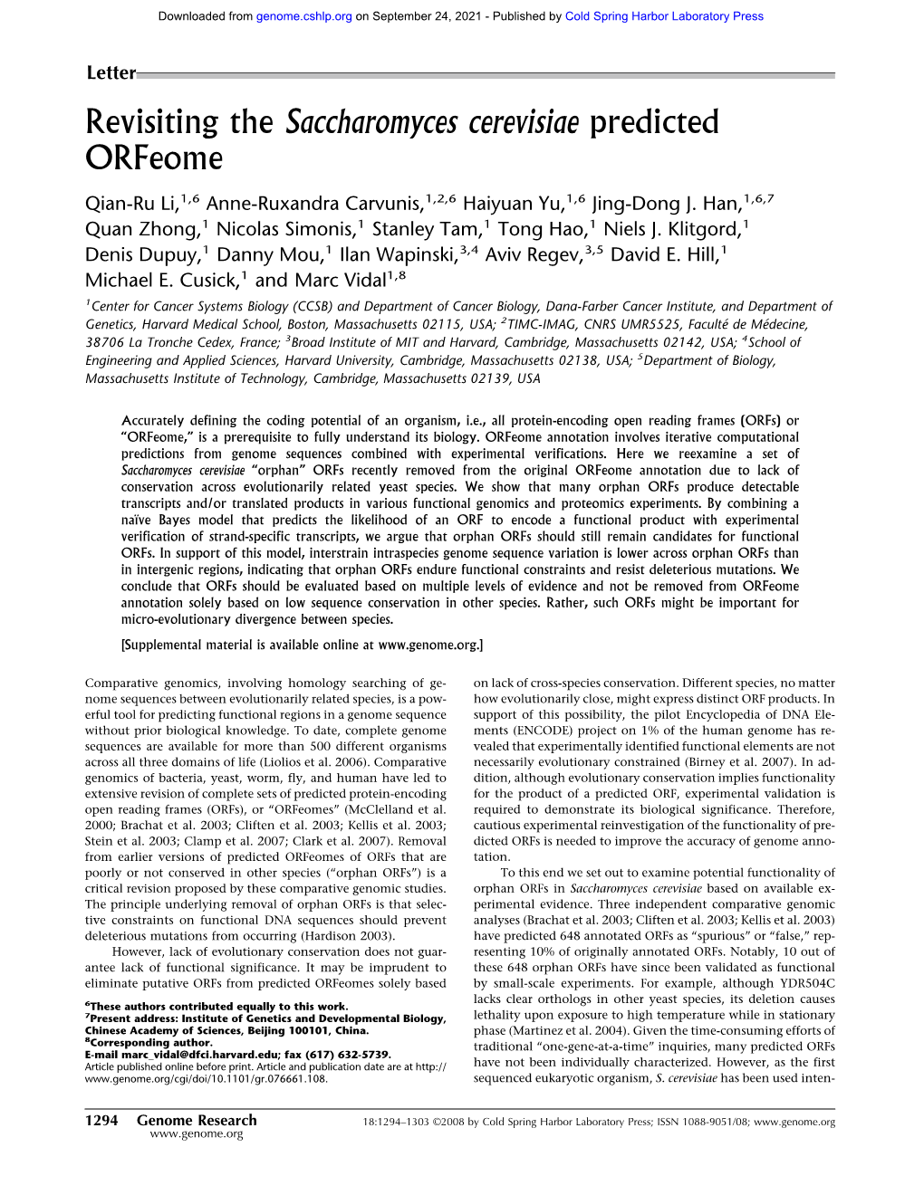 Revisiting the Saccharomyces Cerevisiae Predicted Orfeome