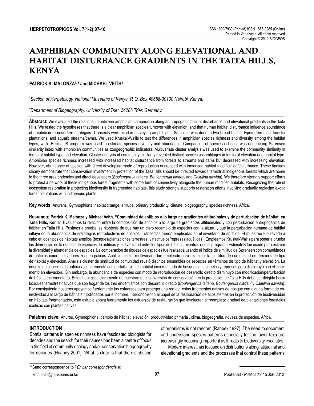 Amphibian Community Along Elevational and Habitat Disturbance Gradients in the Taita Hills, Kenya