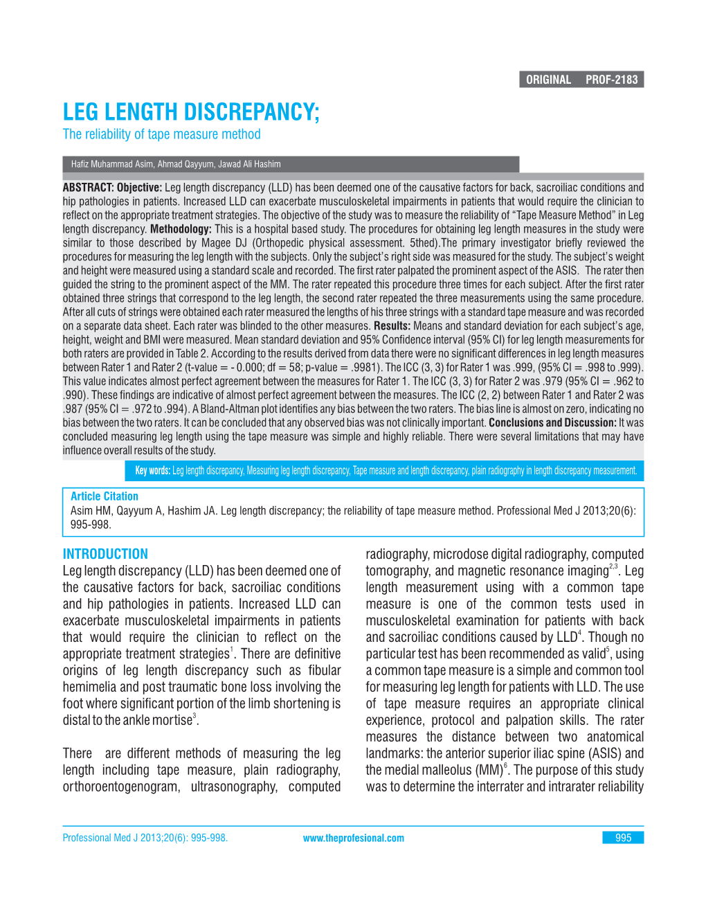 LEG LENGTH DISCREPANCY; the Reliability of Tape Measure Method