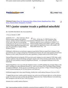 NY's Junior Senator Treads a Political Minefield - Signonsandiego.Com Page 1 of 3