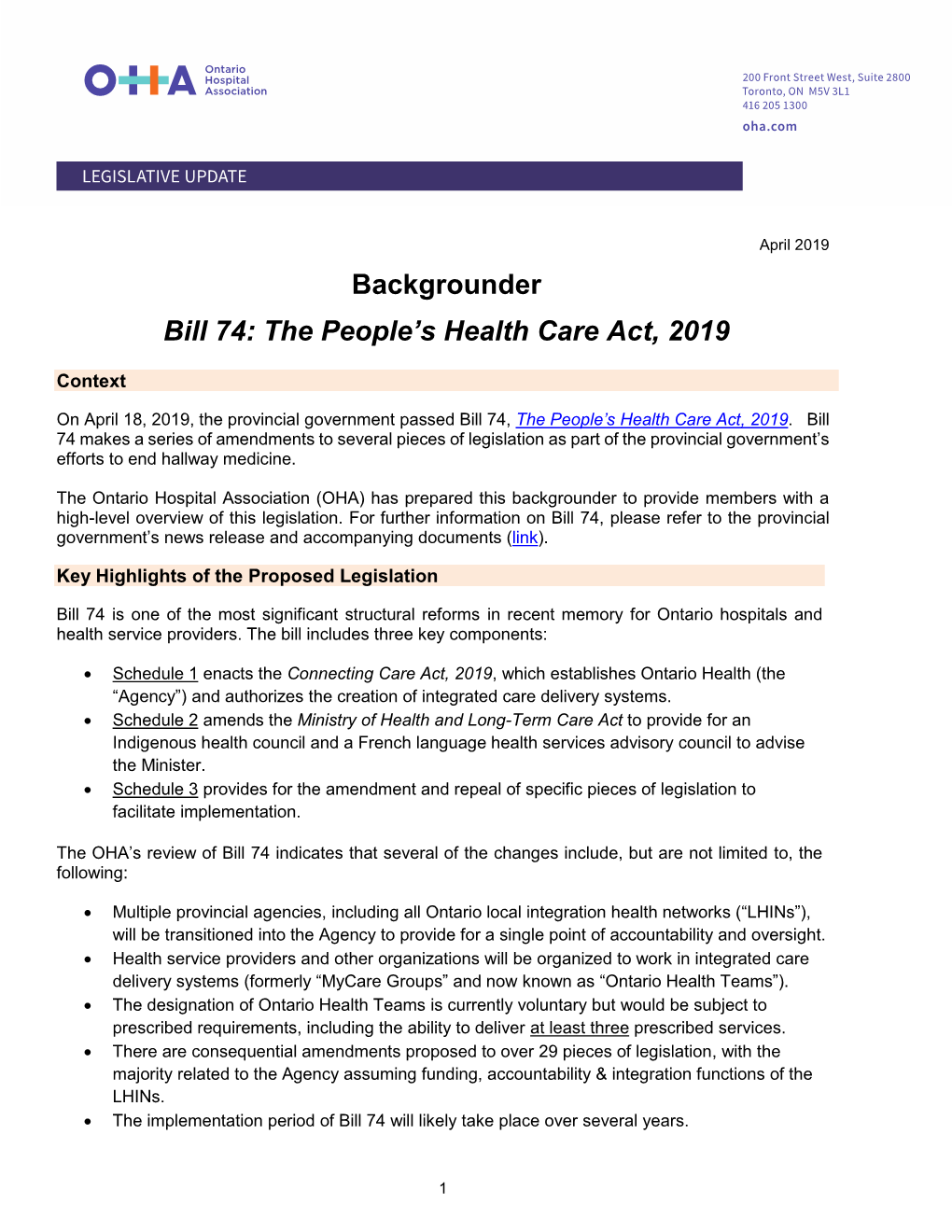 Backgrounder Bill 74: the People's Health Care Act, 2019