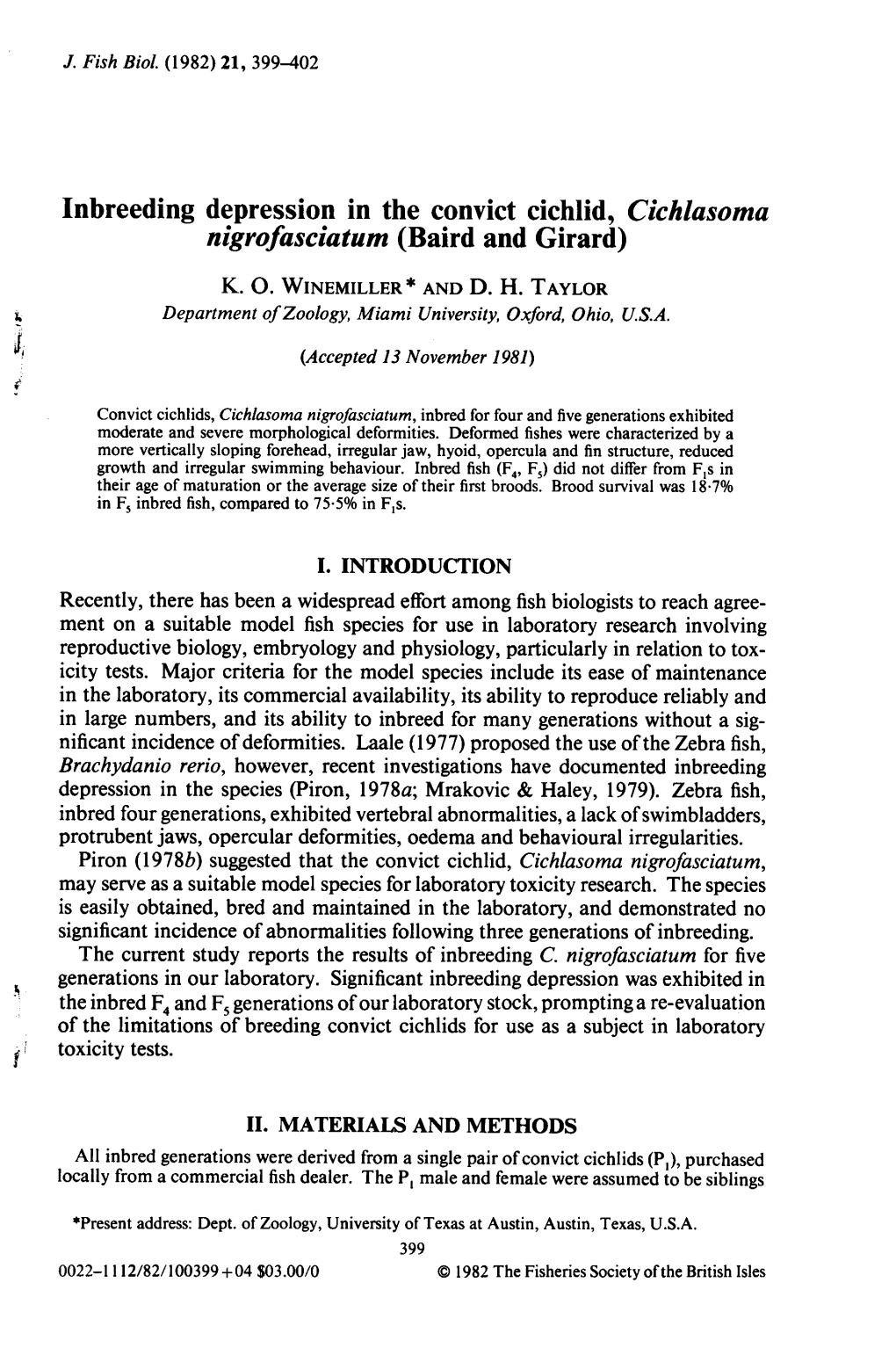 Inbreeding Depression in the Convict Cichlid, C