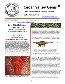 Next CVRMS Meeting Tues. Jan. 15 No Creatures Ever Stomped Across Our Planet Quite Like the Saurop- Hiawatha Community Center Odomorphs