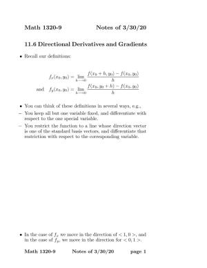 Math 1320-9 Notes of 3/30/20 11.6 Directional Derivatives and Gradients
