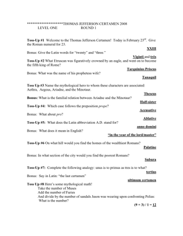 Thomas Jefferson Certamen 2008 Level One Round 1