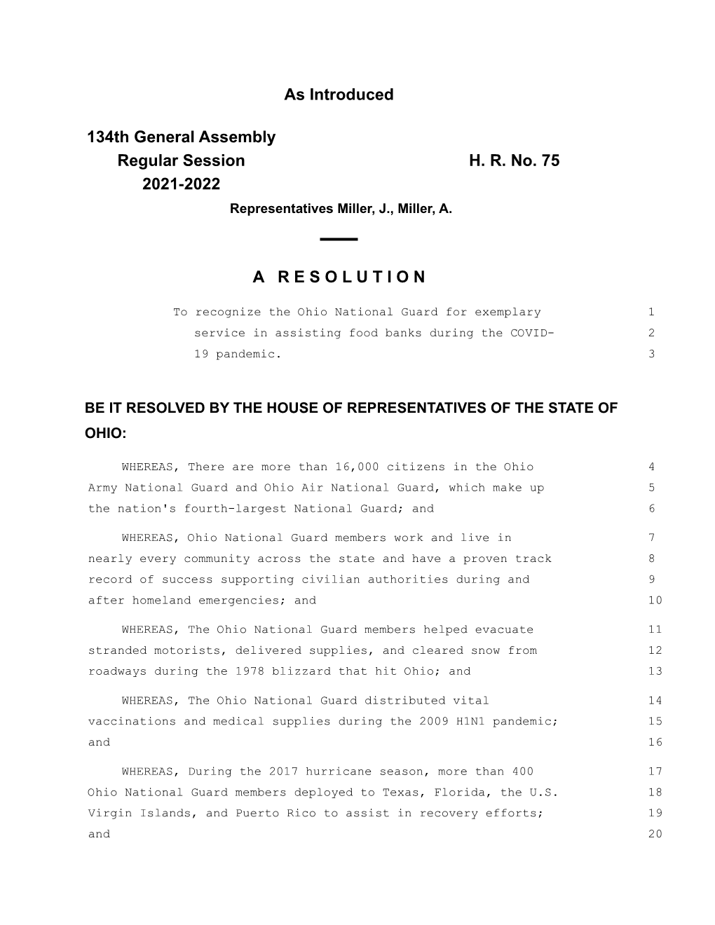 As Introduced 134Th General Assembly Regular Session H. R. No. 75 2021-2022 a R E S O L U T I