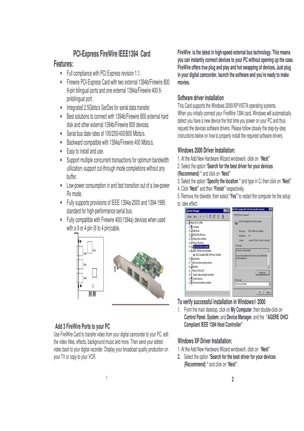 PCI-Express Firewire IEEE1394 Card Features