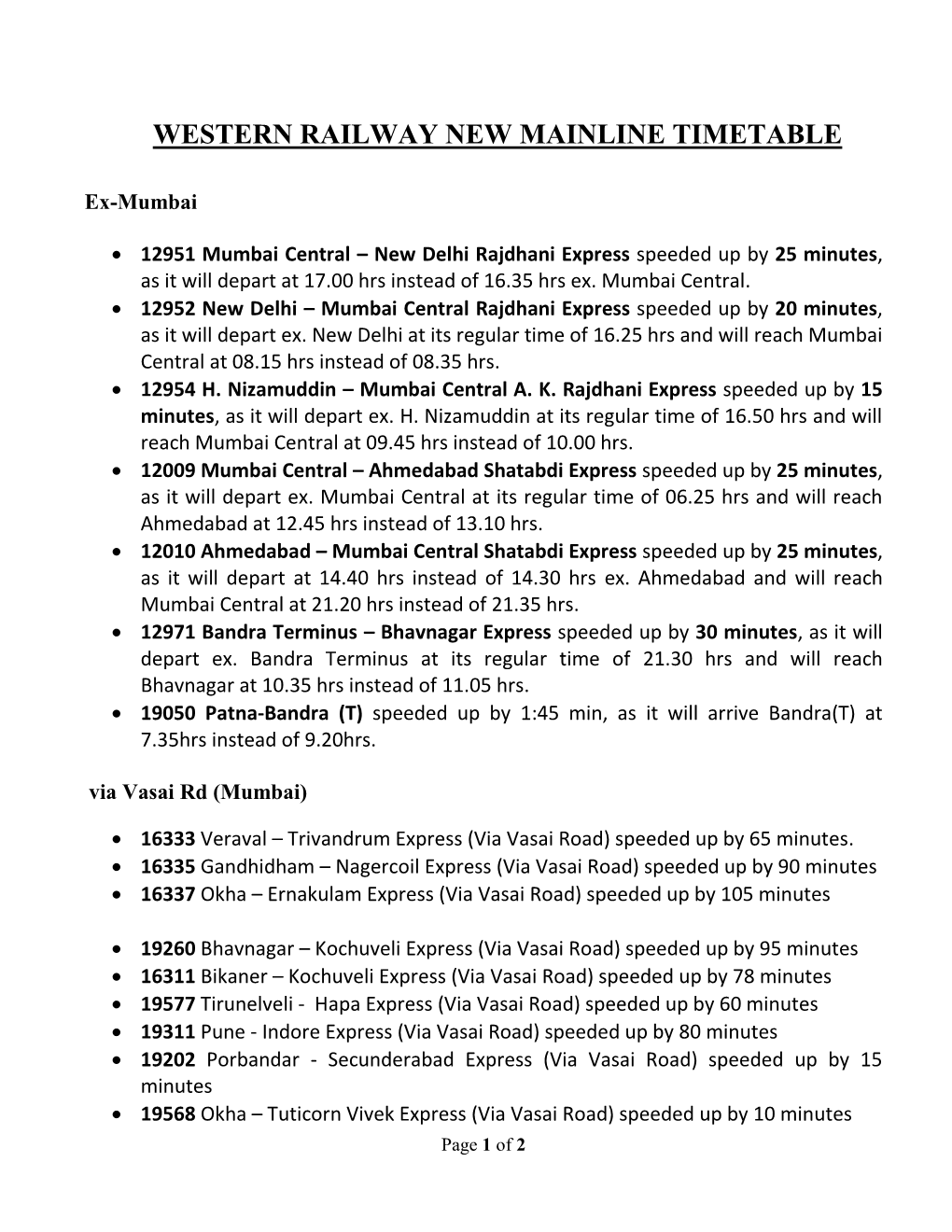 Western Railway New Mainline Timetable