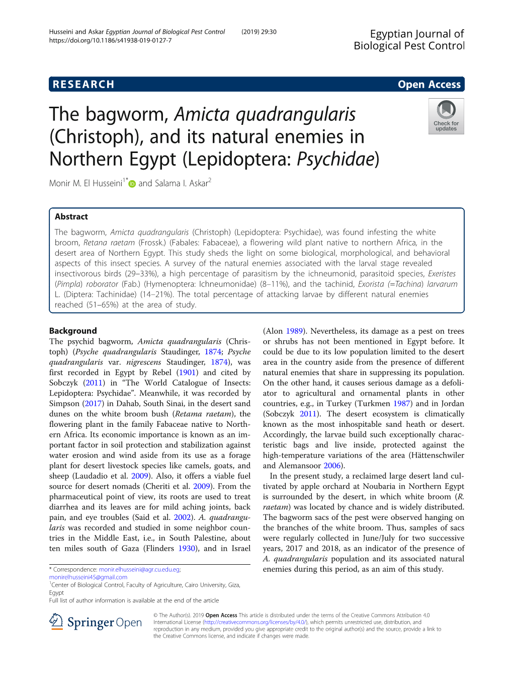 The Bagworm, Amicta Quadrangularis (Christoph), and Its Natural Enemies in Northern Egypt (Lepidoptera: Psychidae) Monir M