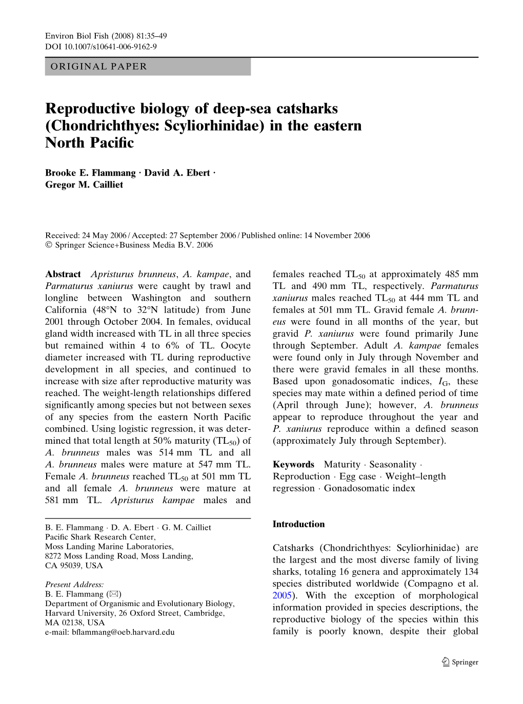 Reproductive Biology of Deep-Sea Catsharks (Chondrichthyes: Scyliorhinidae) in the Eastern North Paciﬁc