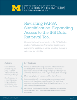 Revisiting FAFSA Simplification: Expanding Access to the IRS Data Retrieval Tool