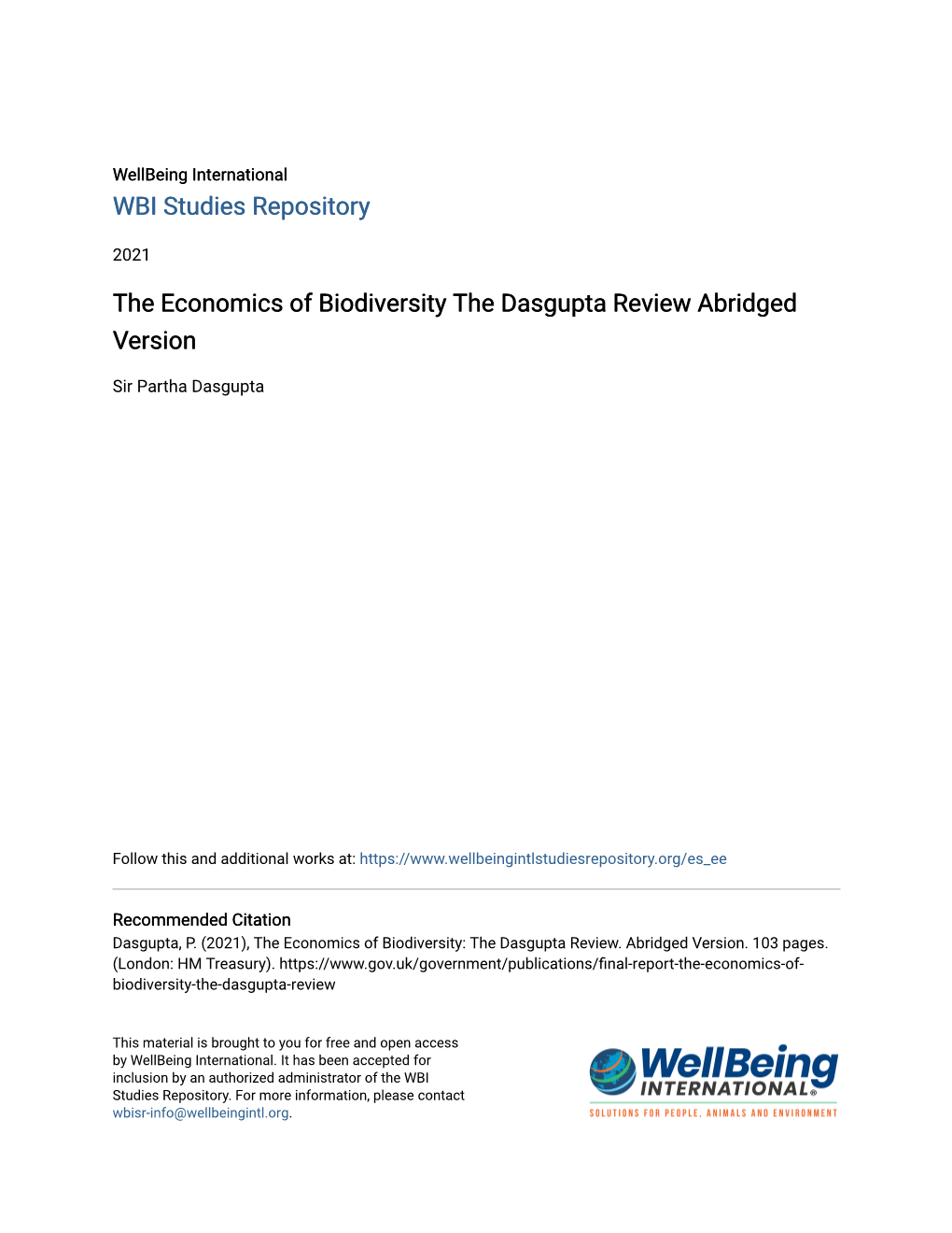 The Economics of Biodiversity the Dasgupta Review Abridged Version