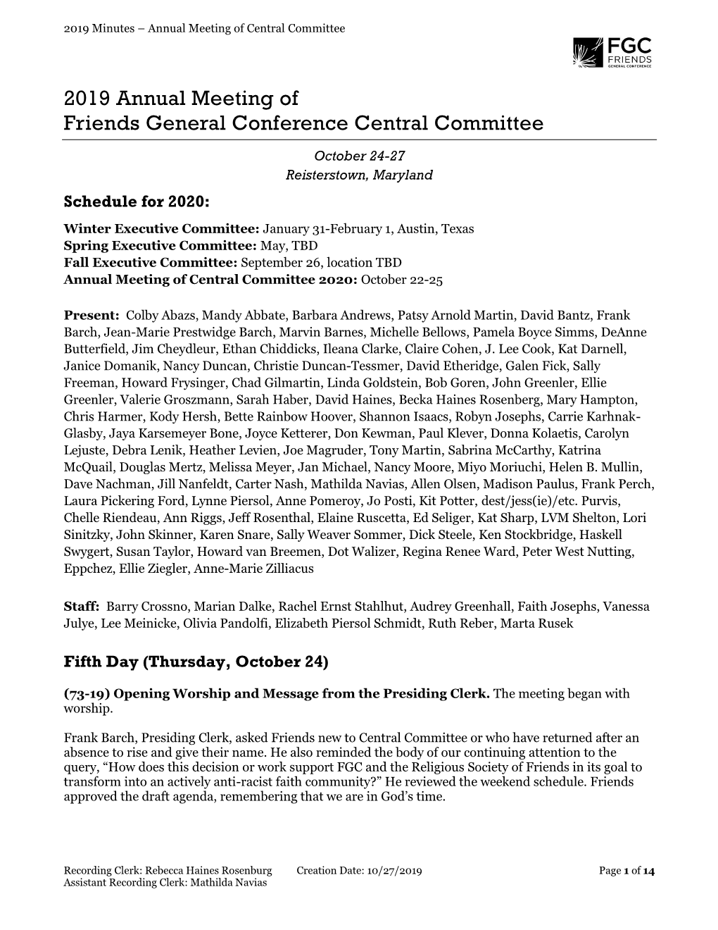 2019 Annual Meeting of Friends General Conference Central Committee